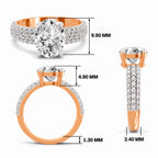 Rose gold oval-cut 2.00 ct diamond engagement ring with a pavé diamond band, shown with size dimensions in millimeters