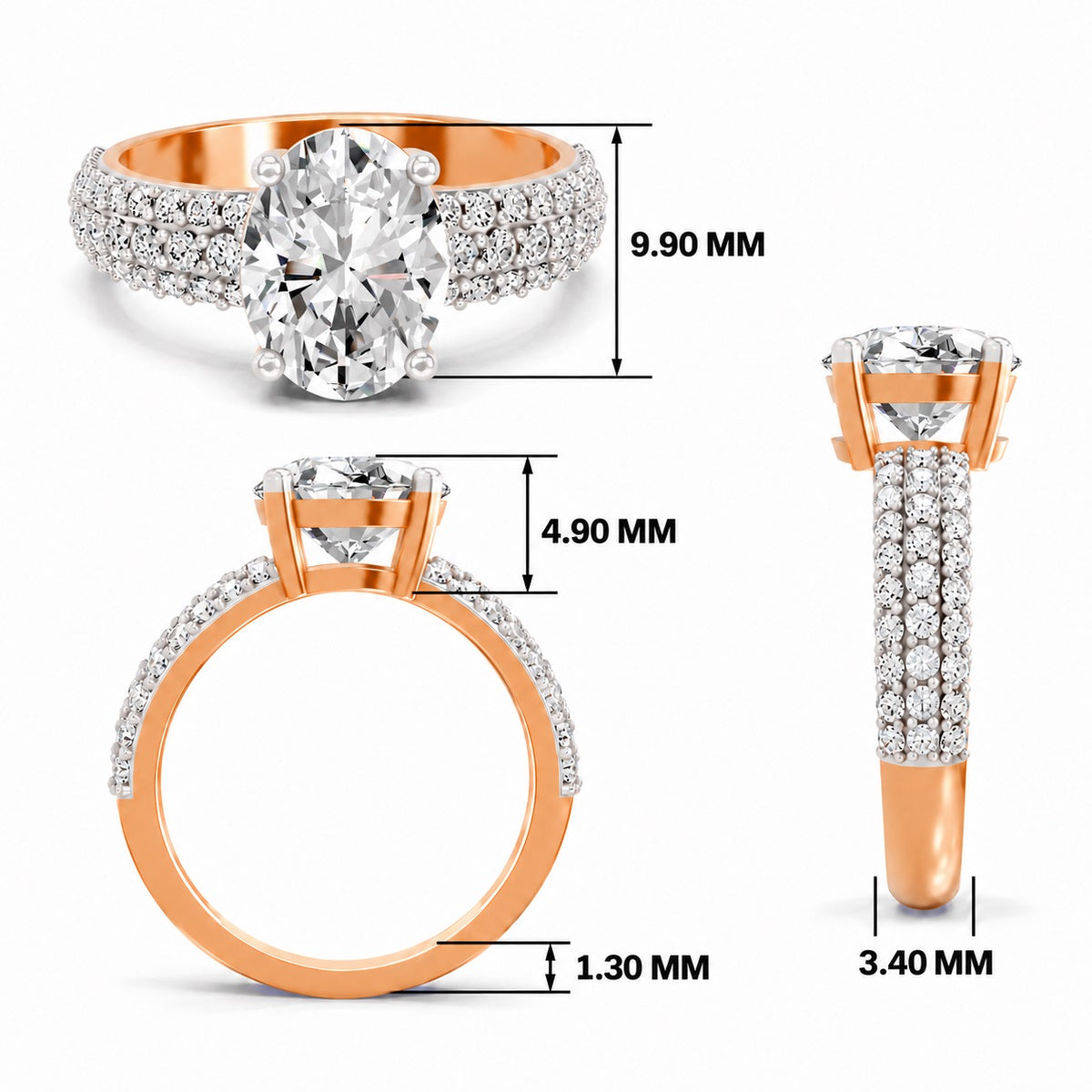 Rose gold oval-cut 2.00 ct diamond engagement ring with a pavé diamond band, shown with size dimensions in millimeters