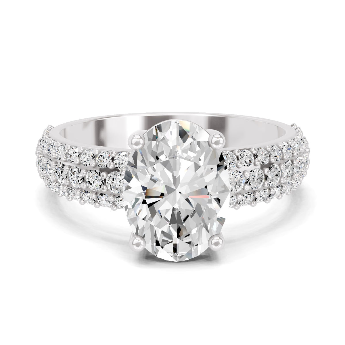 Top view of a white gold oval-cut 2.00 ct diamond engagement ring with a pavé diamond band