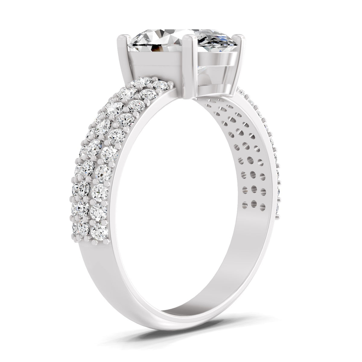 Angled view of a white gold oval-cut 2.00 ct diamond engagement ring with a pavé diamond band
