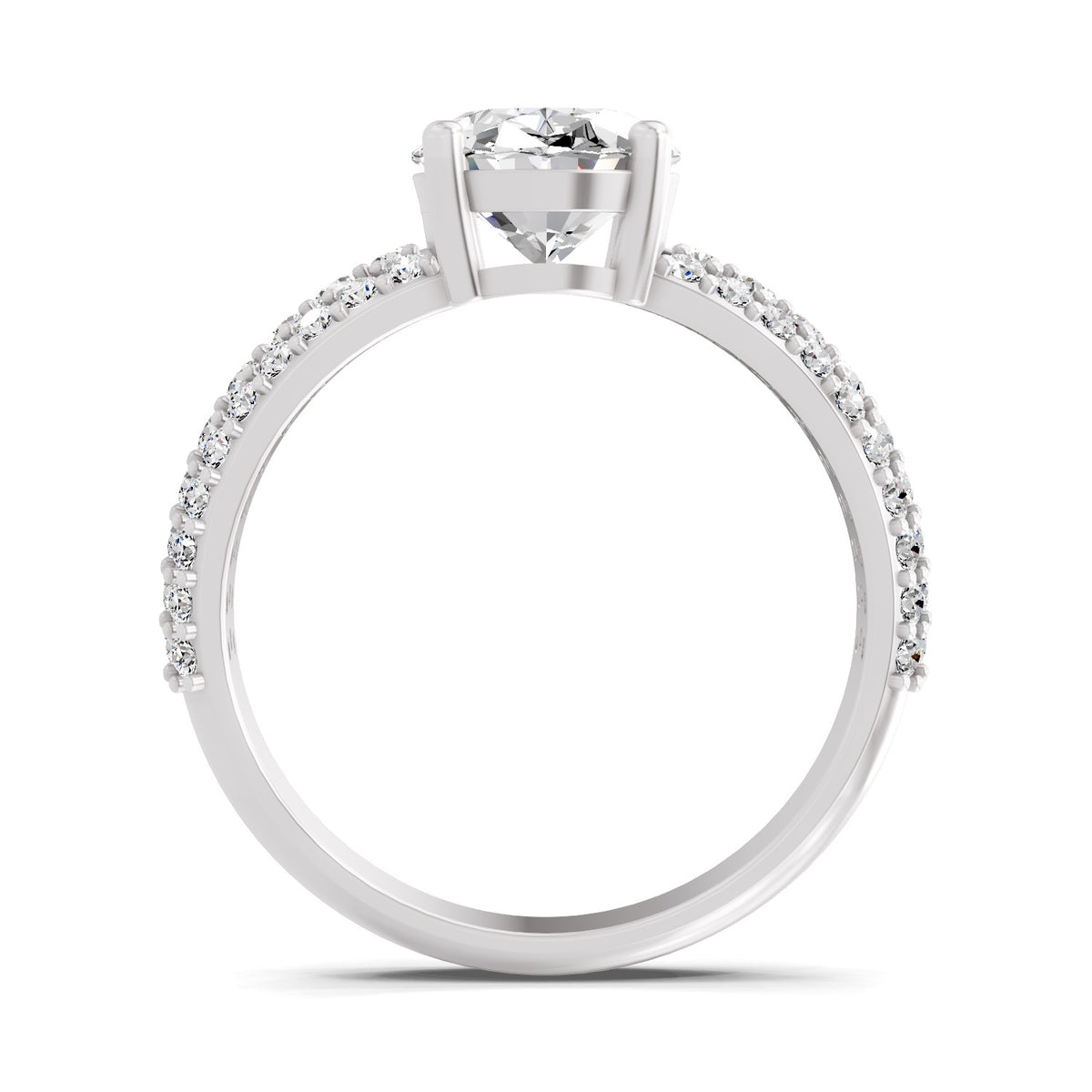 Front view of a white gold oval-cut 2.00 ct diamond engagement ring with a pavé diamond band