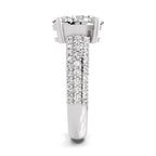 Side view of a white gold oval-cut 2.00 ct diamond engagement ring with a pavé diamond band