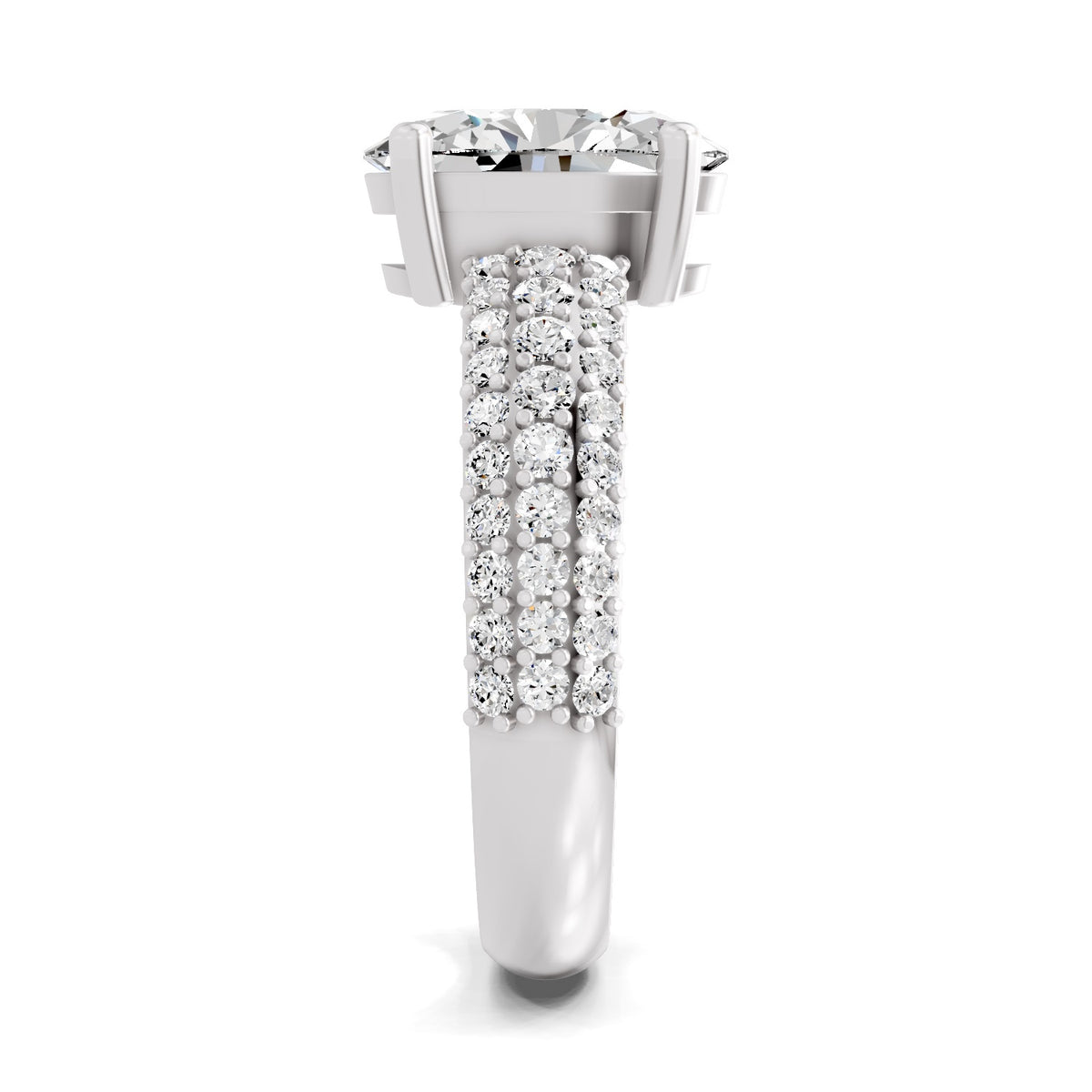Side view of a white gold oval-cut 2.00 ct diamond engagement ring with a pavé diamond band