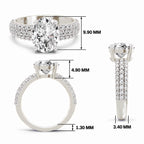 White gold oval-cut 2.00 ct diamond engagement ring with a pavé diamond band, shown with size dimensions in millimeters