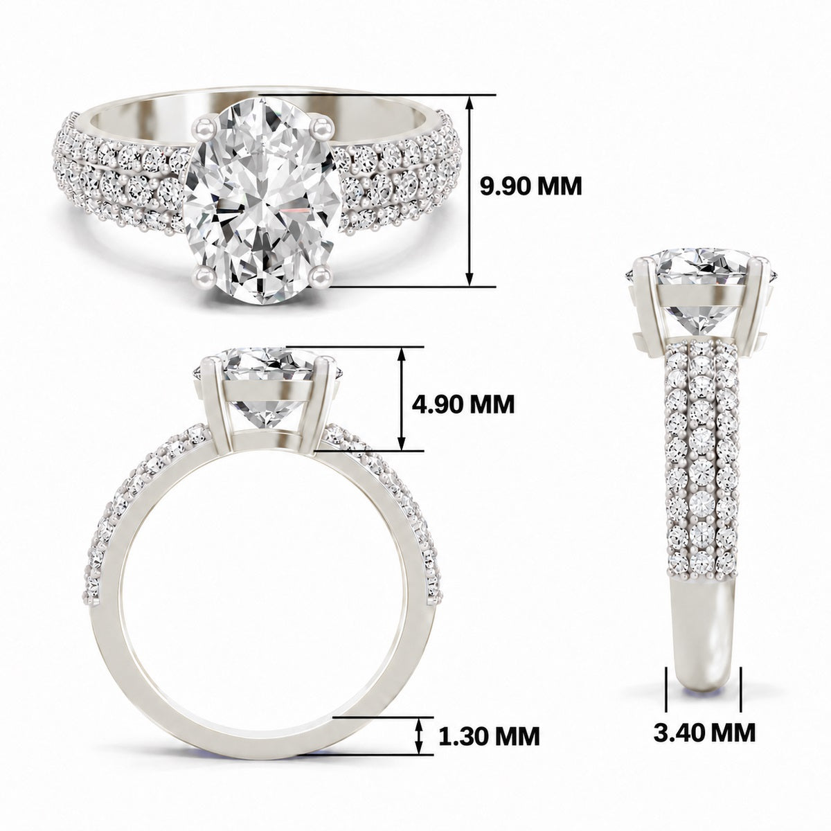 White gold oval-cut 2.00 ct diamond engagement ring with a pavé diamond band, shown with size dimensions in millimeters