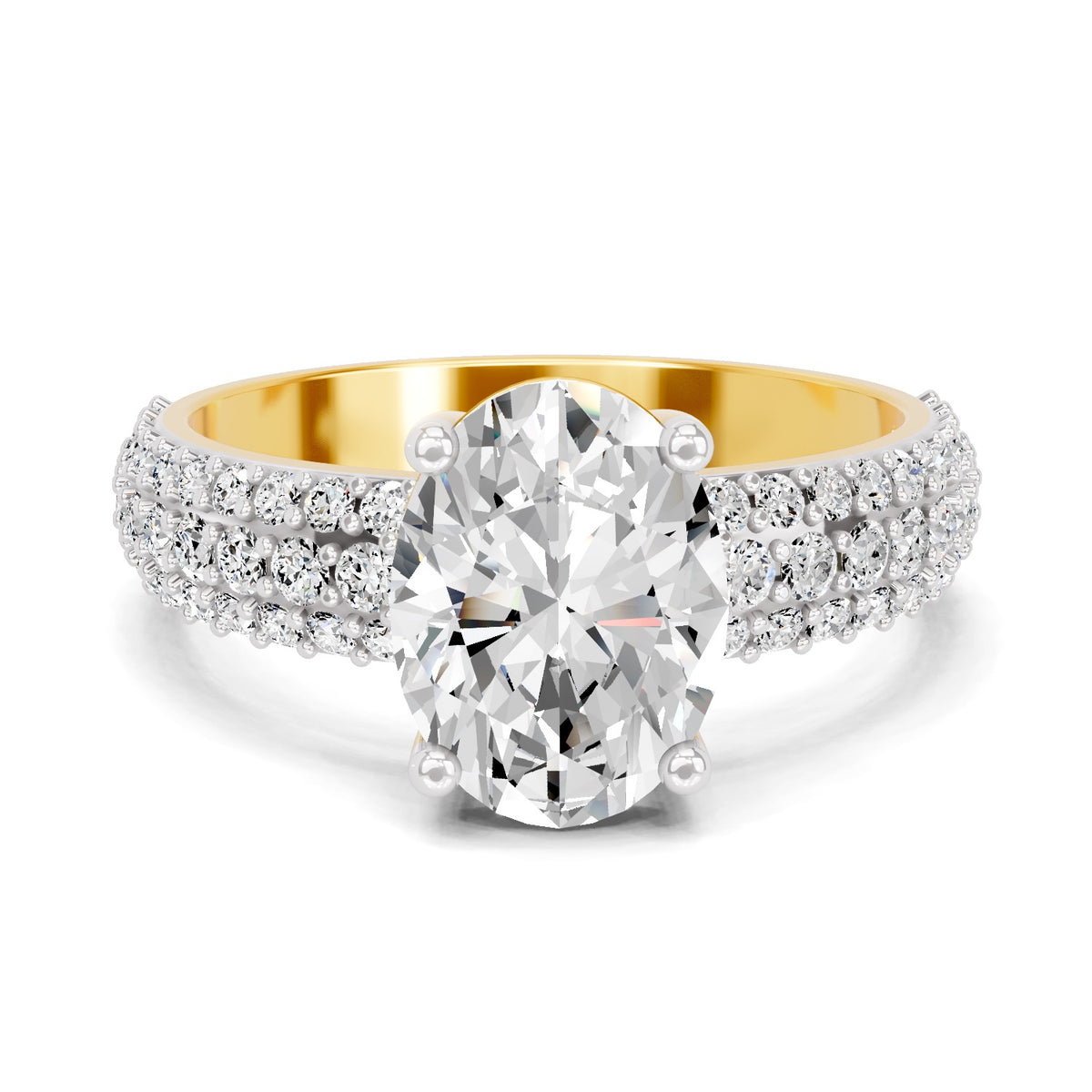 Top view of a yellow gold oval-cut 2.00 ct diamond engagement ring with a pavé diamond band