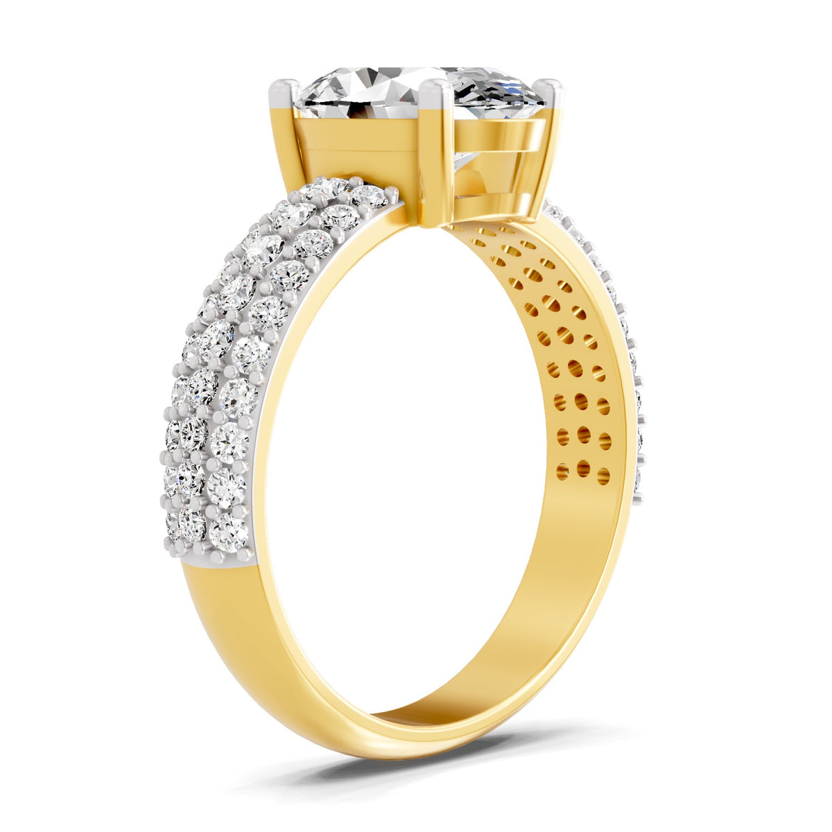 Angled view of a yellow gold oval-cut 2.00 ct diamond engagement ring with a pavé diamond band