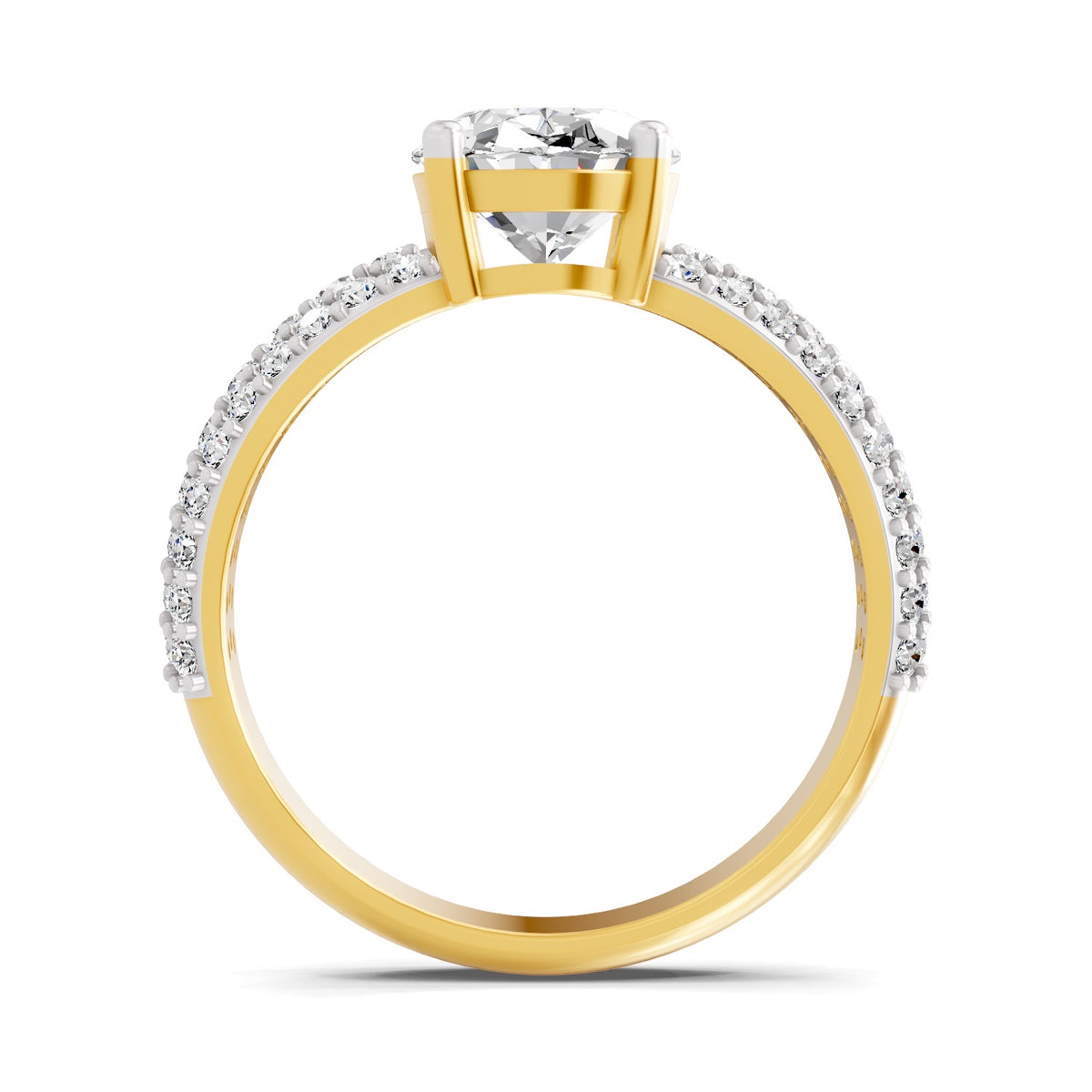 Front view of a yellow gold oval-cut 2.00 ct diamond engagement ring with a pavé diamond band