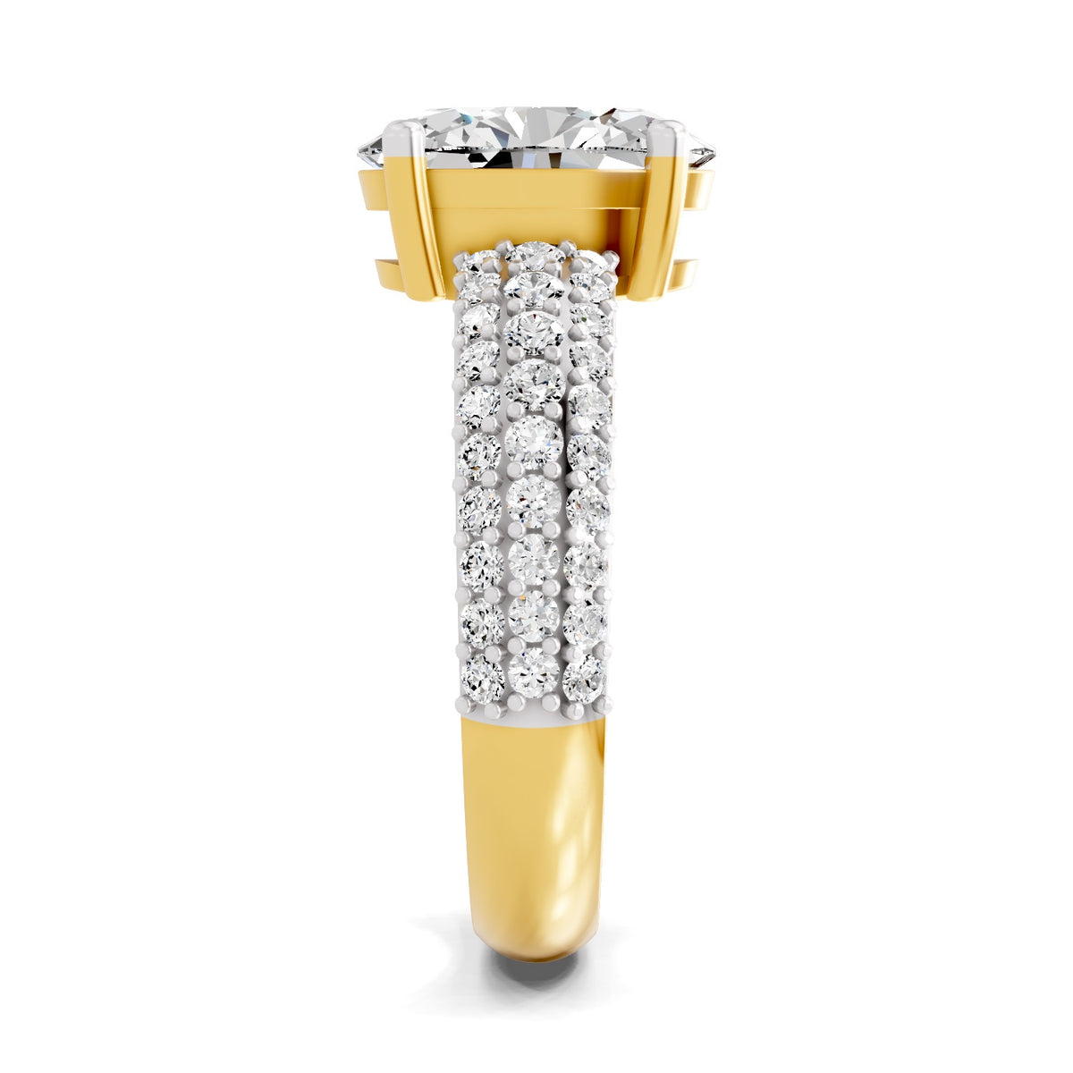 Side view of a yellow gold oval-cut 2.00 ct diamond engagement ring with a pavé diamond band