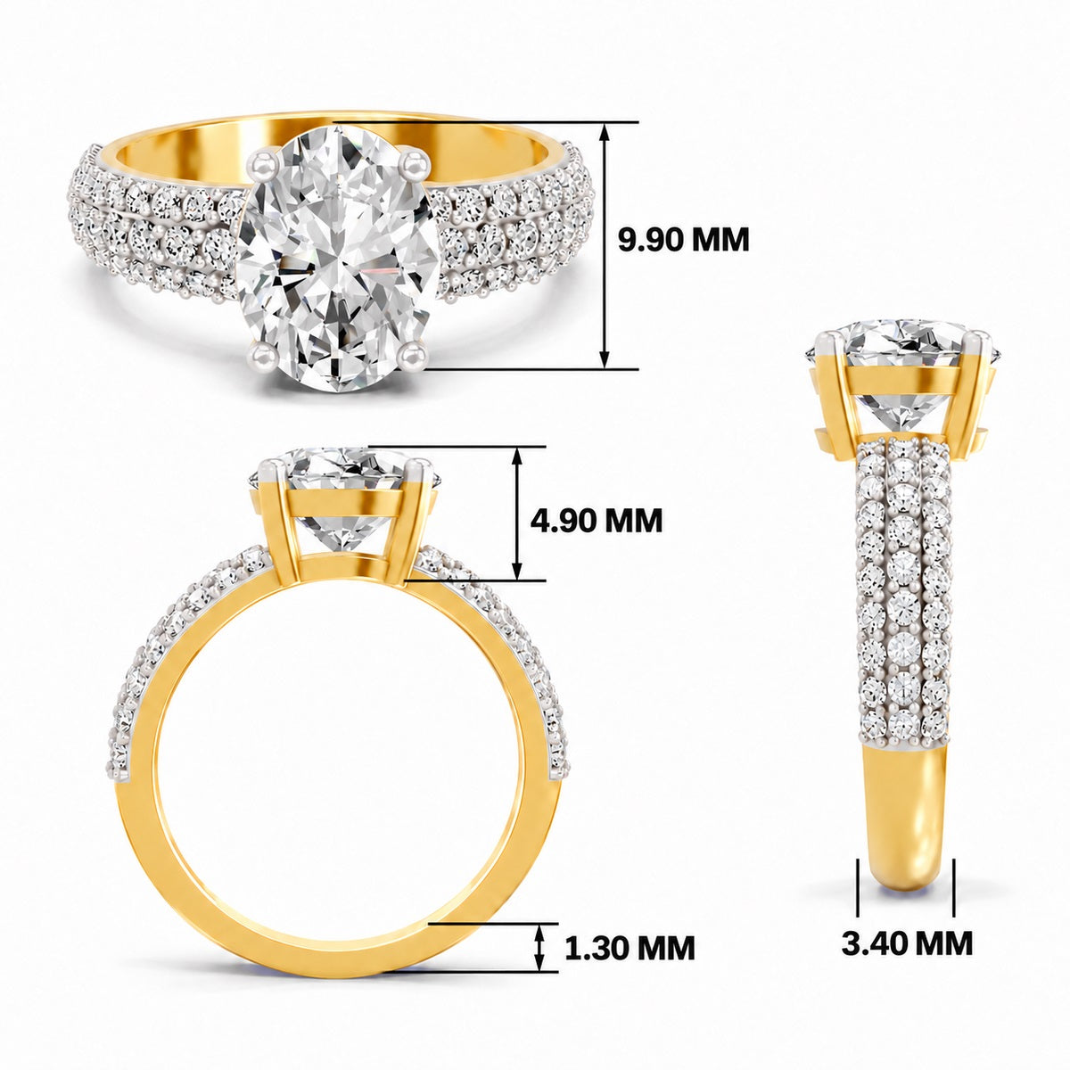 Yellow gold oval-cut 2.00 ct diamond engagement ring with a pavé diamond band, shown with size dimensions in millimeters
