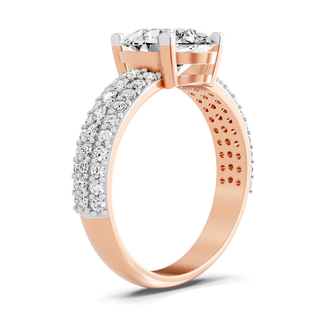 Angled view of a rose gold pear-cut 2.00 ct diamond engagement ring with a pavé diamond band