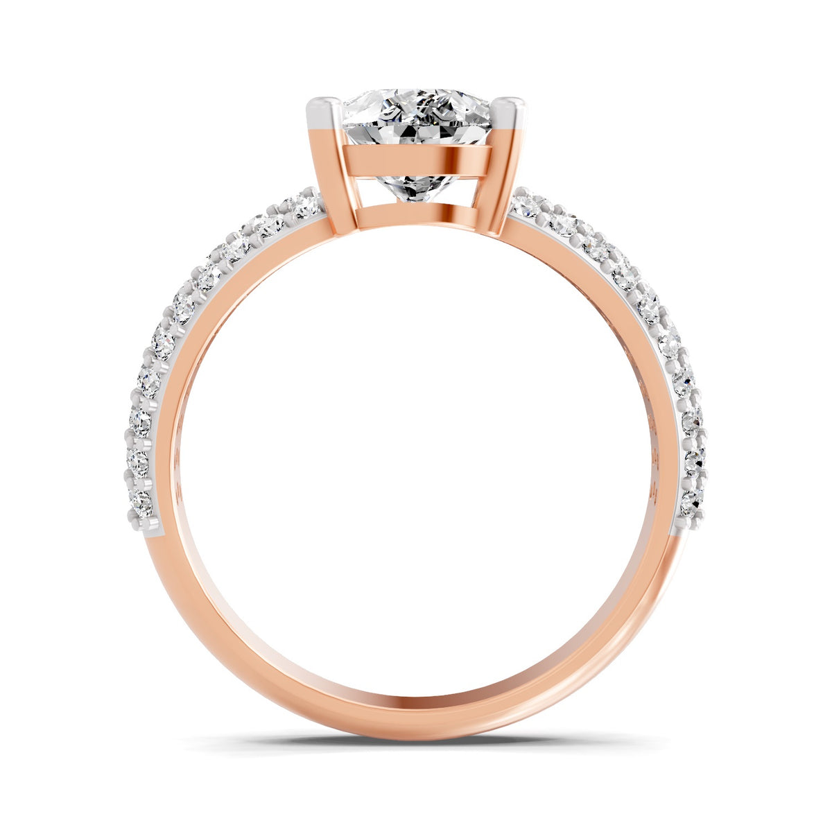 Front view of a rose gold pear-cut 2.00 ct diamond engagement ring with a pavé diamond band