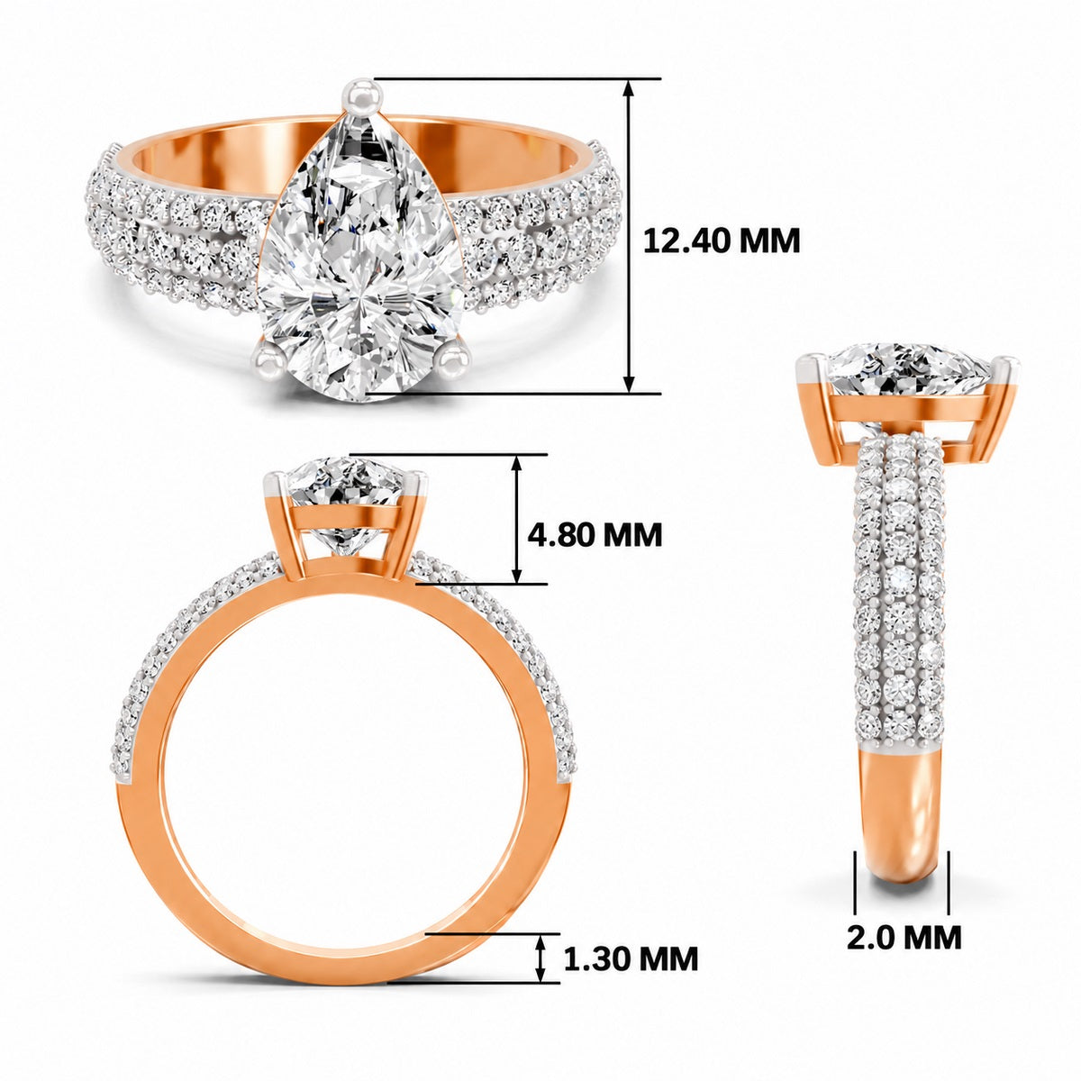 Rose gold pear-cut 2.00 ct diamond engagement ring with a pavé diamond band, shown with size dimensions in millimeters