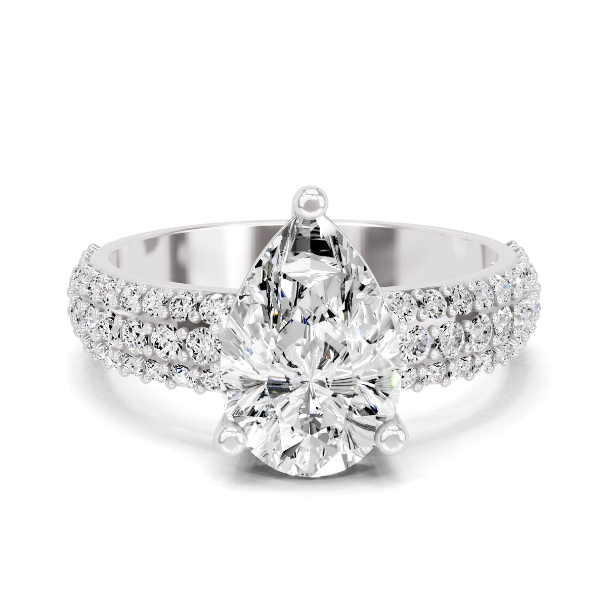 Top view of a white gold pear-cut 2.00 ct diamond engagement ring with a pavé diamond band