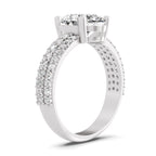 Angled view of a white gold pear-cut 2.00 ct diamond engagement ring with a pavé diamond band