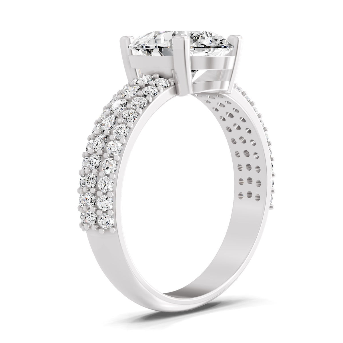 Angled view of a white gold pear-cut 2.00 ct diamond engagement ring with a pavé diamond band