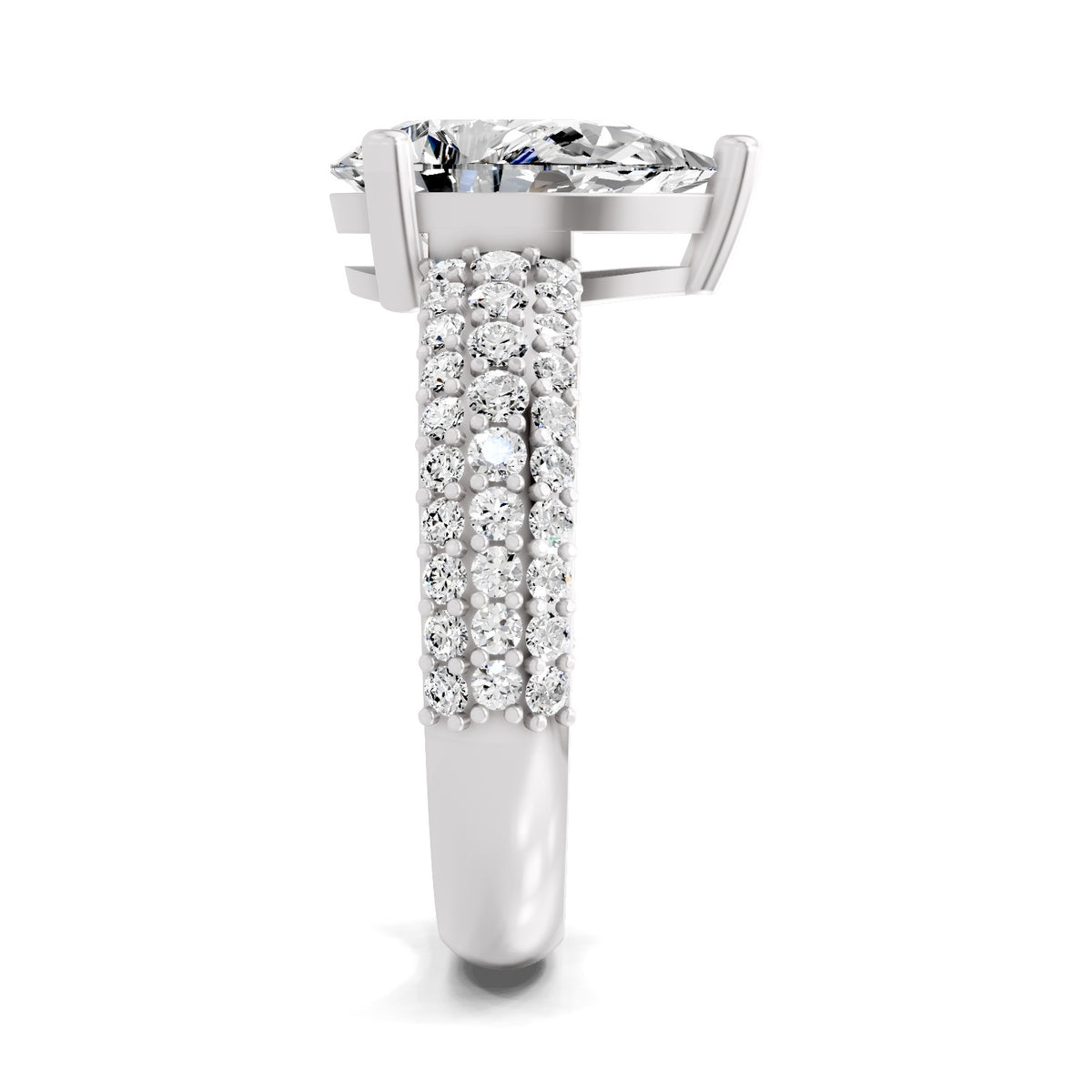 Side view of a white gold pear-cut 2.00 ct diamond engagement ring with a pavé diamond band