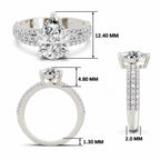 White gold pear-cut 2.00 ct diamond engagement ring with a pavé diamond band, shown with size dimensions in millimeters