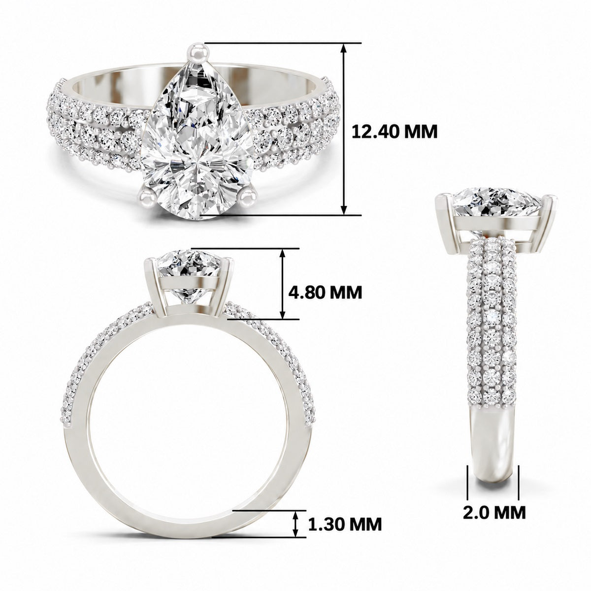 White gold pear-cut 2.00 ct diamond engagement ring with a pavé diamond band, shown with size dimensions in millimeters
