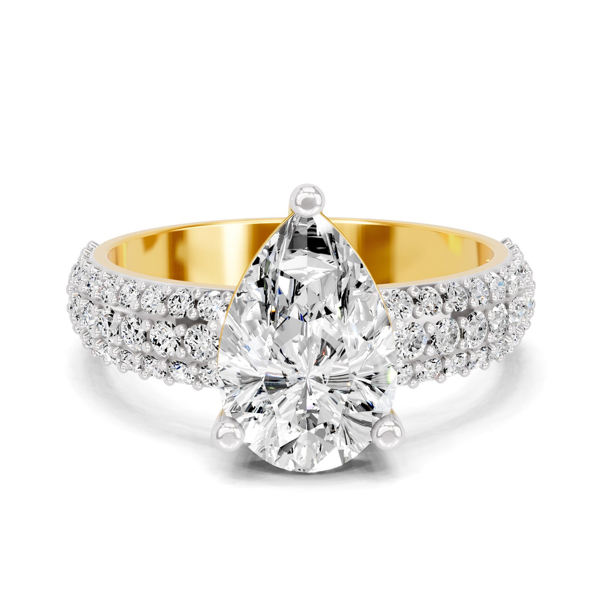 Top view of a yellow gold pear-cut 2.00 ct diamond engagement ring with a pavé diamond band