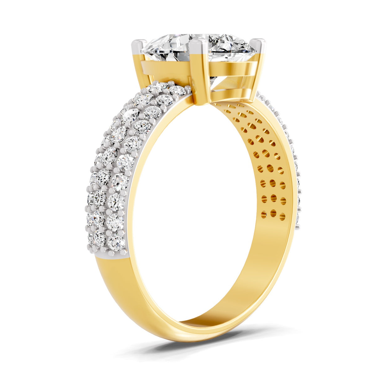 Angled view of a yellow gold pear-cut 2.00 ct diamond engagement ring with a pavé diamond band