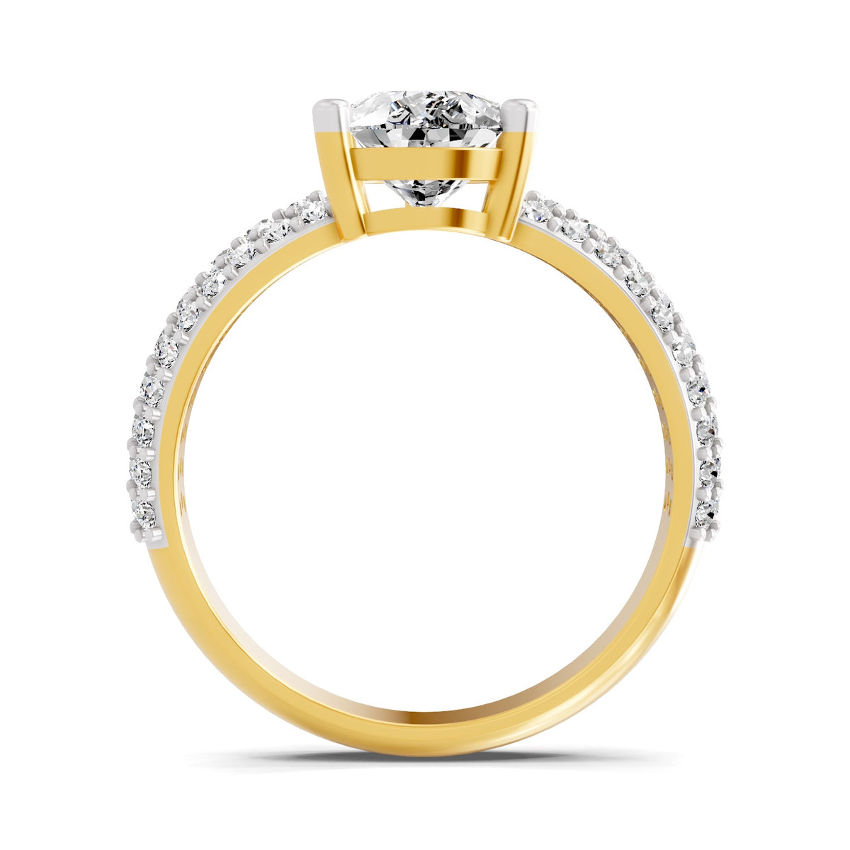 Front view of a yellow gold pear-cut 2.00 ct diamond engagement ring with a pavé diamond band