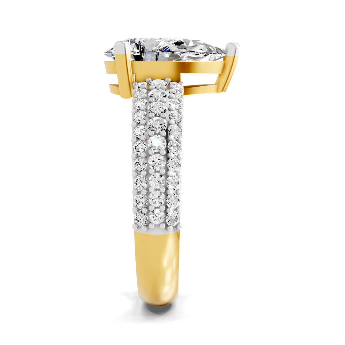 Side view of a yellow gold pear-cut 2.00 ct diamond engagement ring with a pavé diamond band