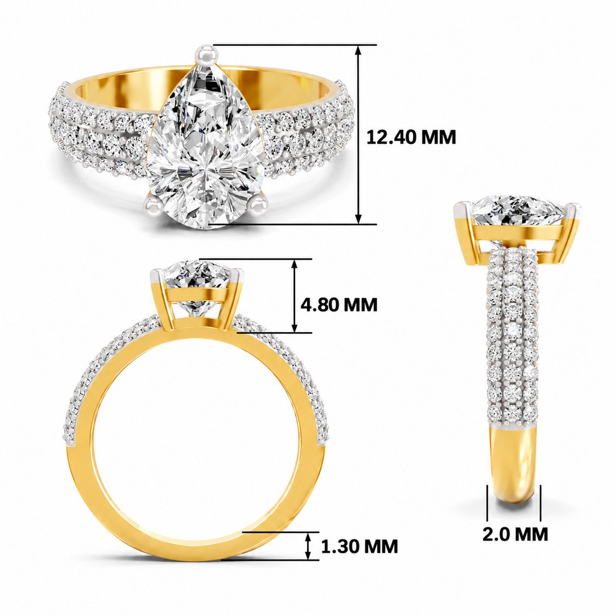 Yellow gold pear-cut 2.00 ct diamond engagement ring with a pavé diamond band, shown with size dimensions in millimeters