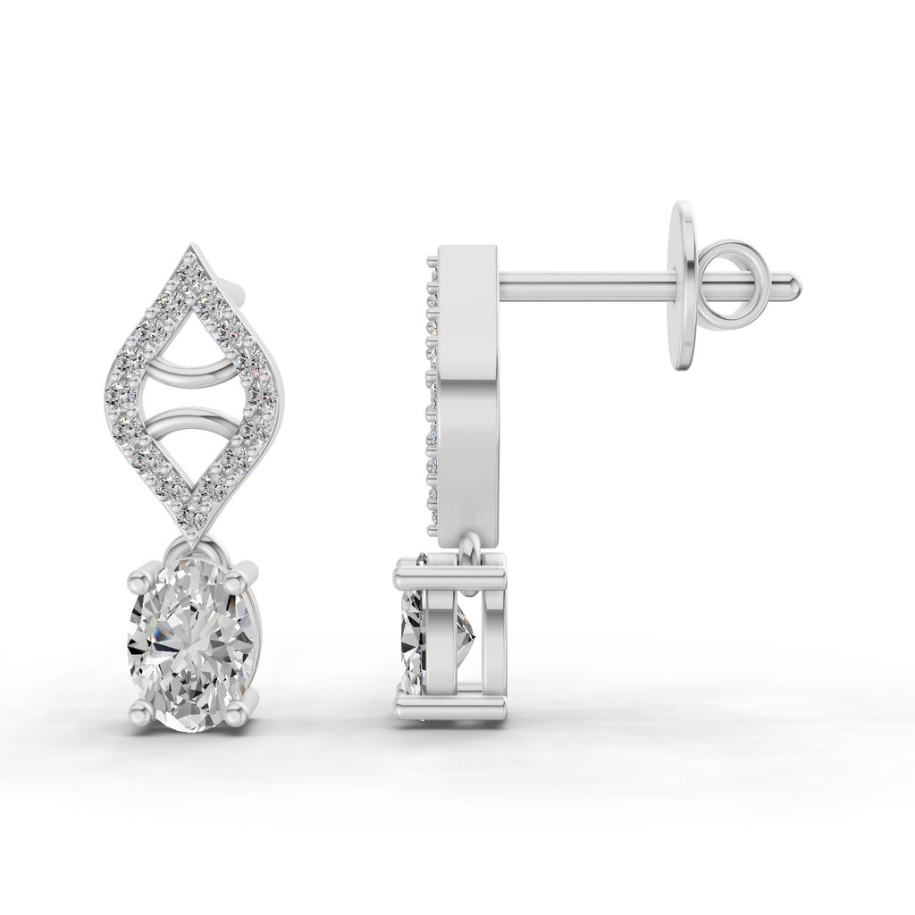0.88 Carat Oval Diamond Leaf Drop Stud Earrings 14K - White Gold