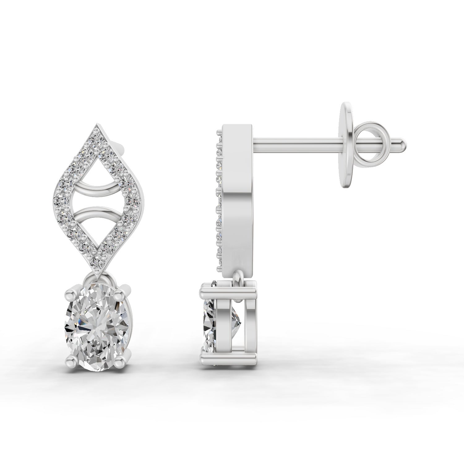 0.88 Carat Oval Diamond Leaf Drop Stud Earrings 14K - White Gold