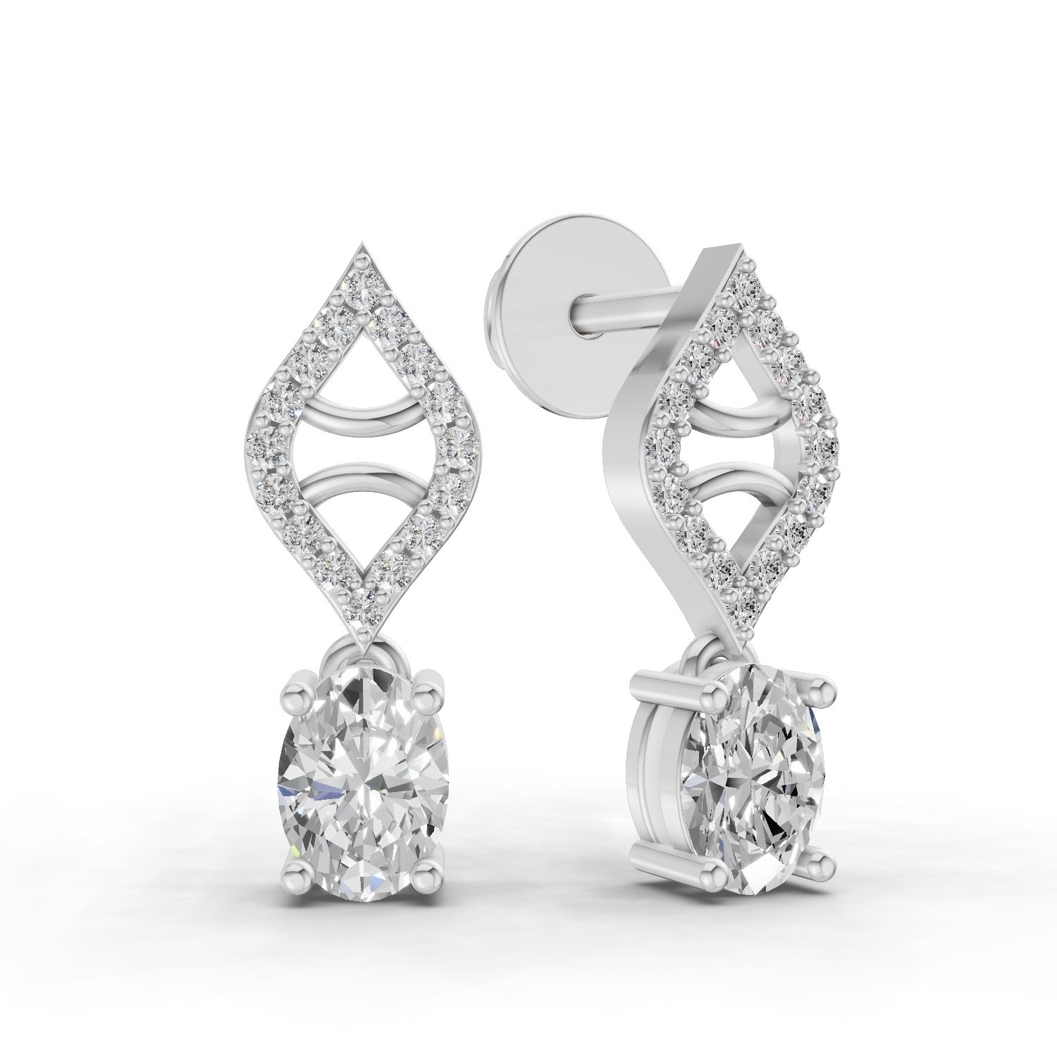 0.88 Carat Oval Diamond Leaf Drop Stud Earrings 14K - White Gold