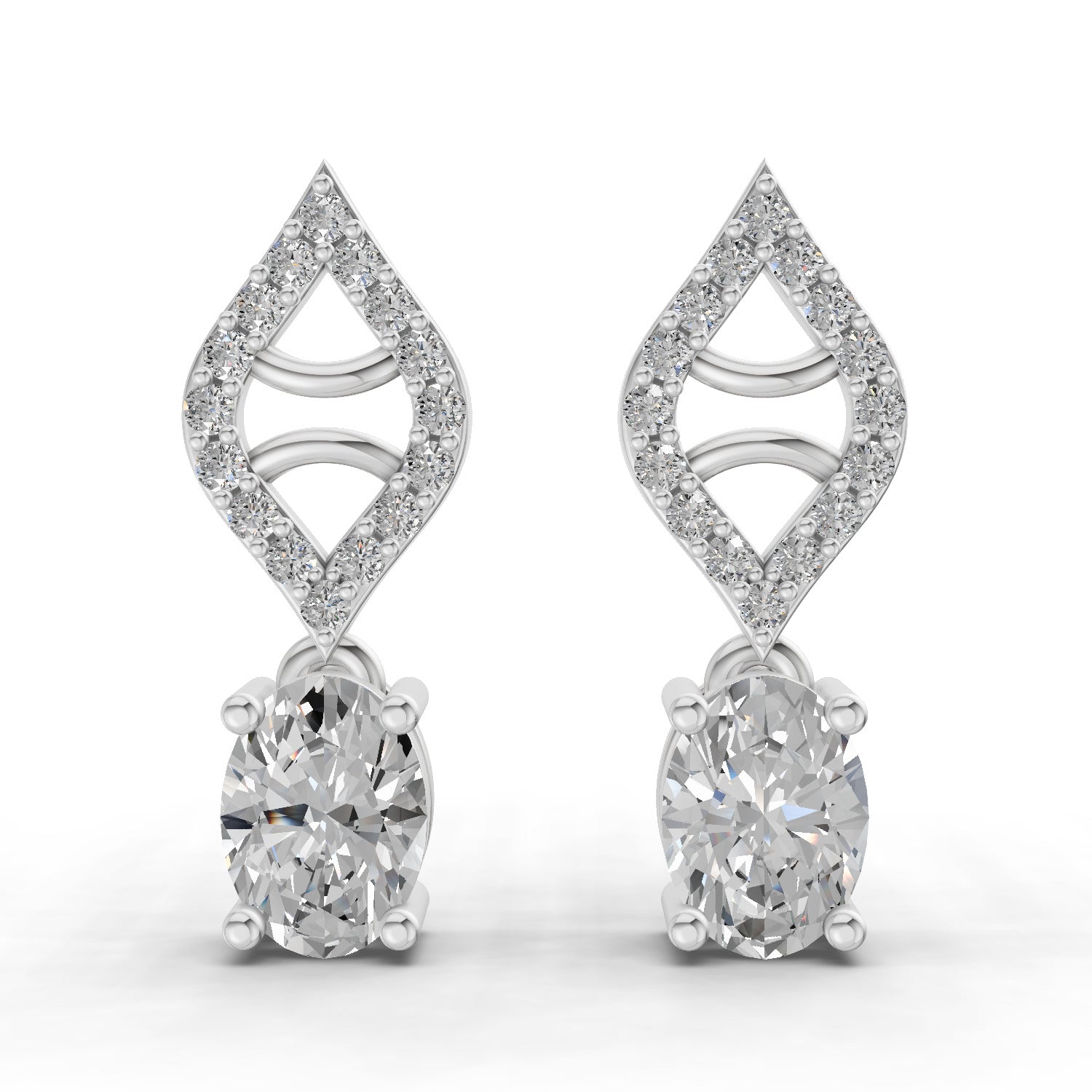 0.88 Carat Oval Diamond Leaf Drop Stud Earrings 14K - White Gold