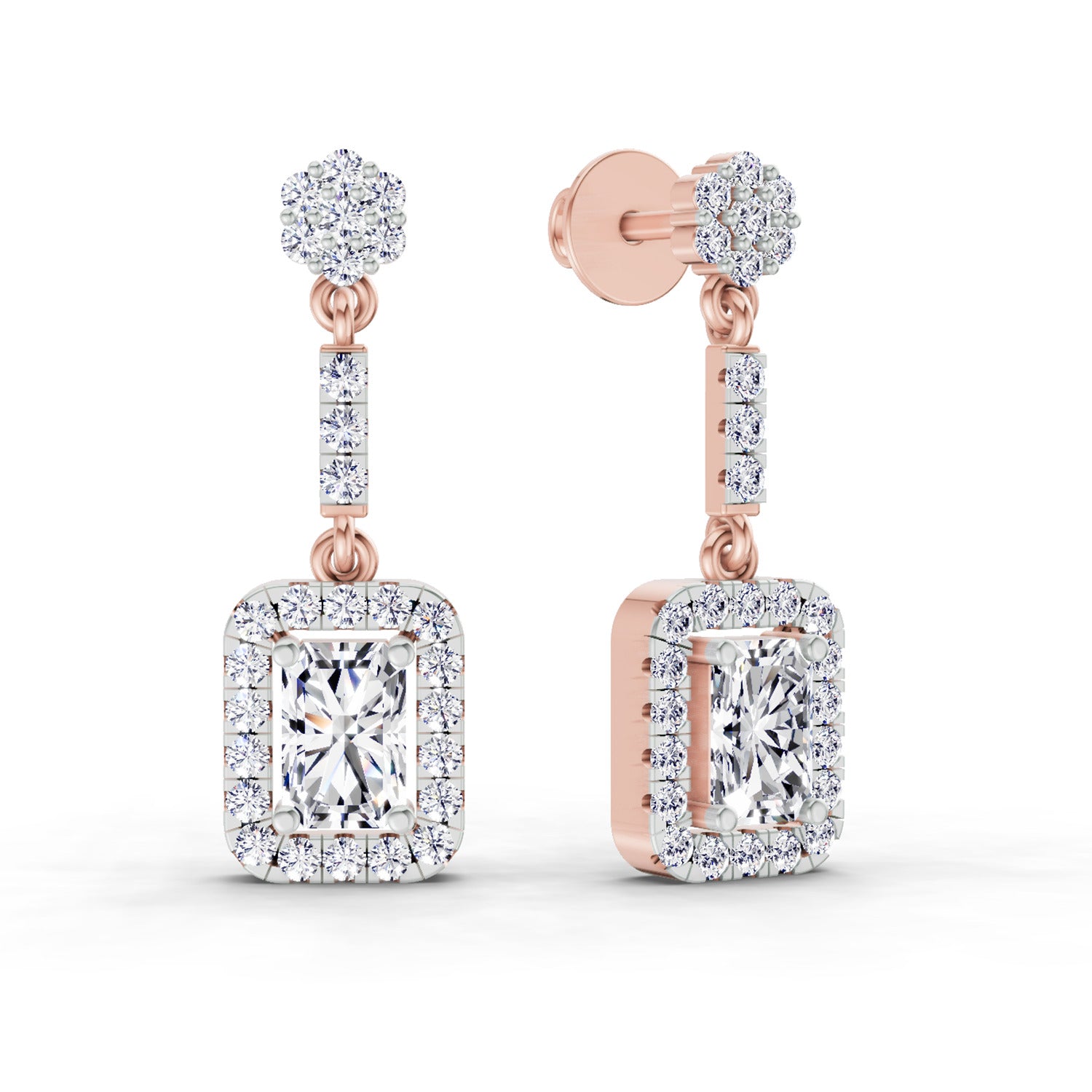 1.81 Carat Emerald Shape Dangle Diamond Earrings 14K - Rose Gold