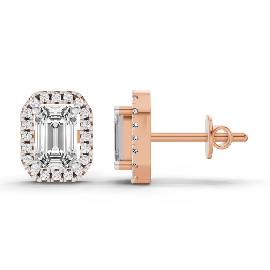 1.14 Carat Emerald Shape Halo Diamond Earrings 14K - Rose Gold