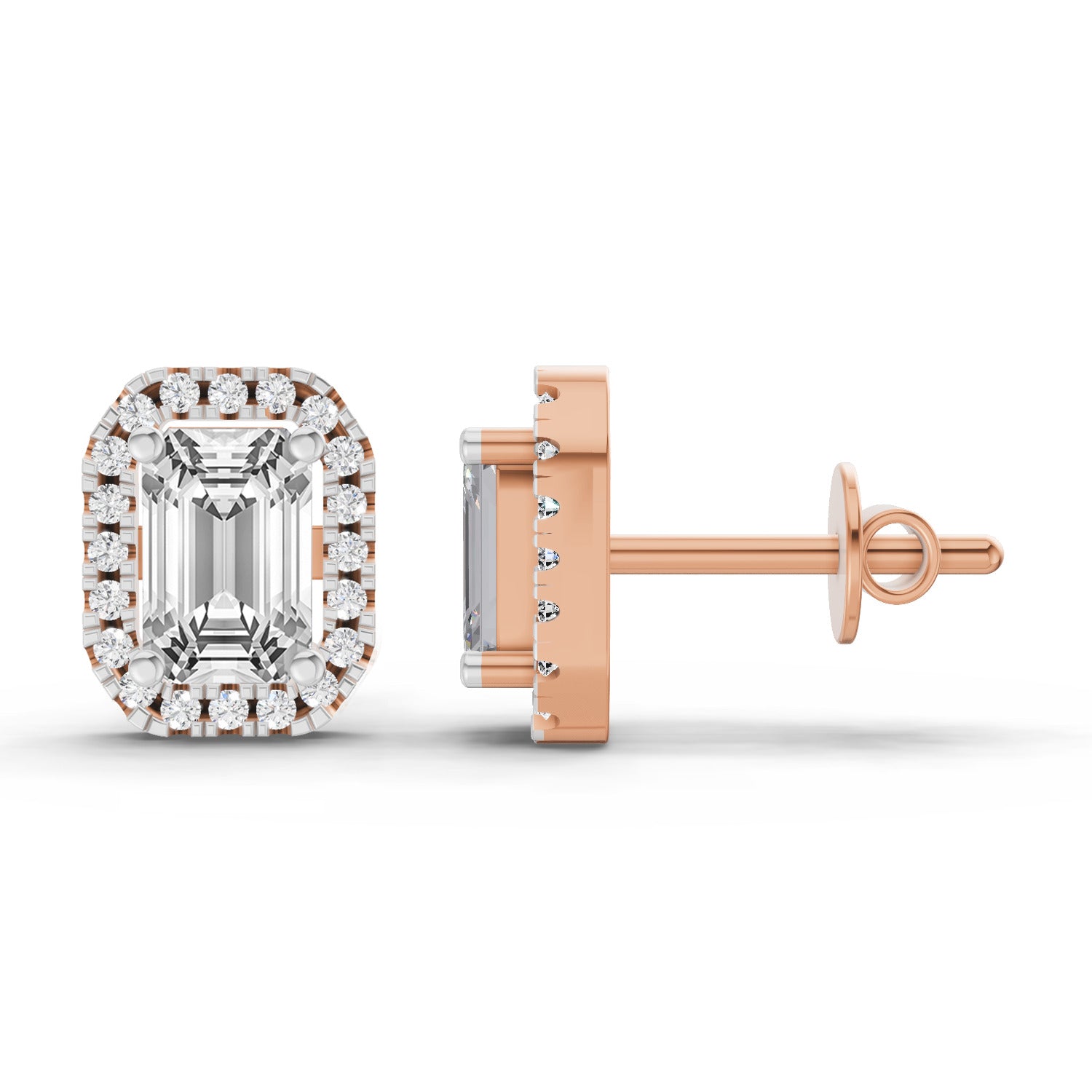 1.14 Carat Emerald Shape Halo Diamond Earrings 14K - Rose Gold