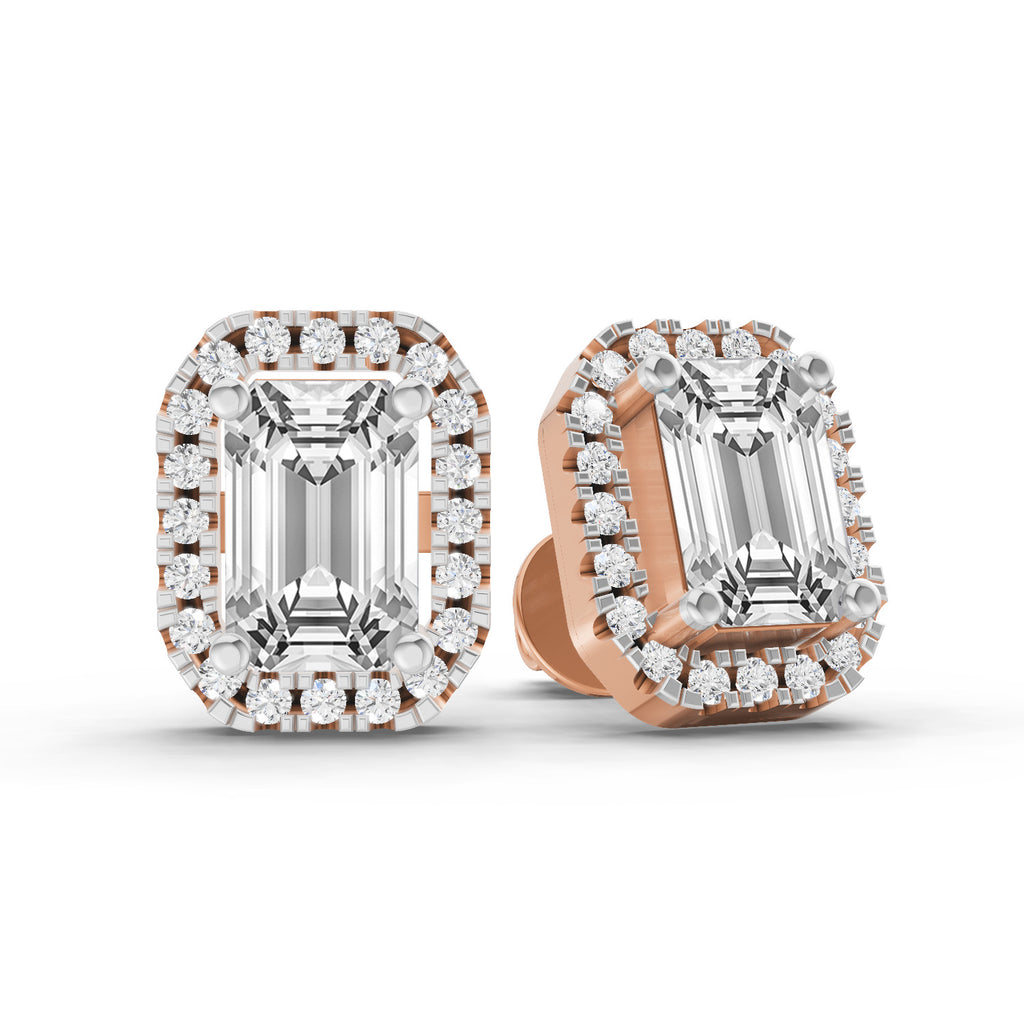1.14 Carat Emerald Shape Halo Diamond Earrings 14K - Rose Gold