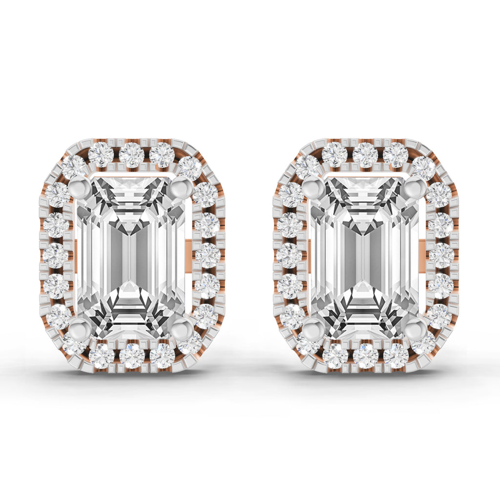 1.14 Carat Emerald Shape Halo Diamond Earrings 14K - Rose Gold