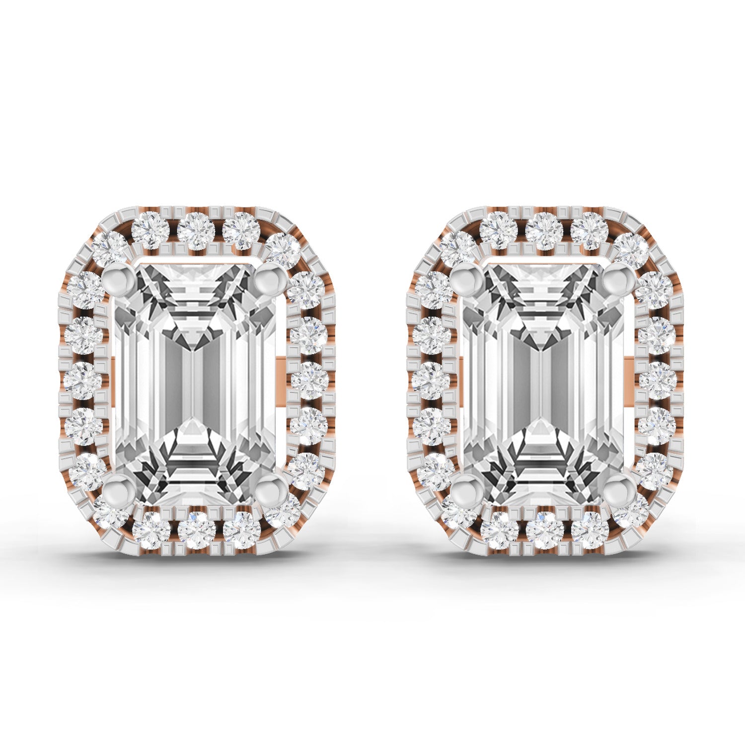 1.14 Carat Emerald Shape Halo Diamond Earrings 14K - Rose Gold