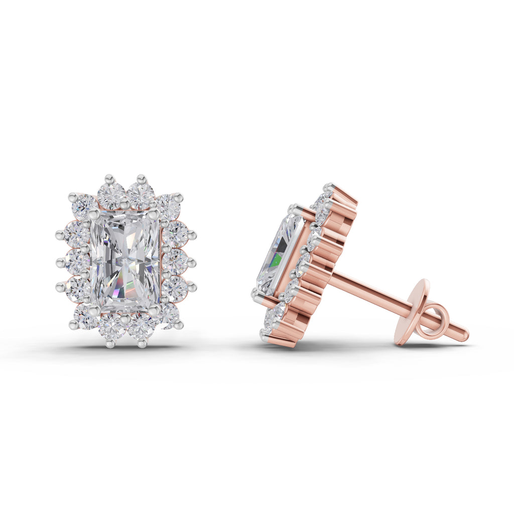 1.86 Carat Emerald Shape Halo Diamond Stud Earrings 14K - Rose Gold