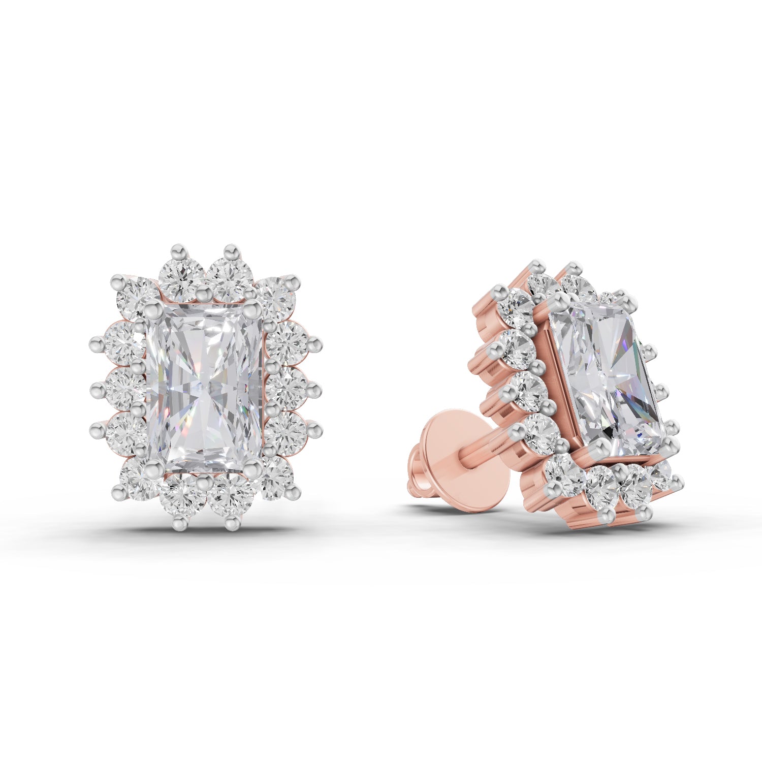 1.86 Carat Emerald Shape Halo Diamond Stud Earrings 14K - Rose Gold
