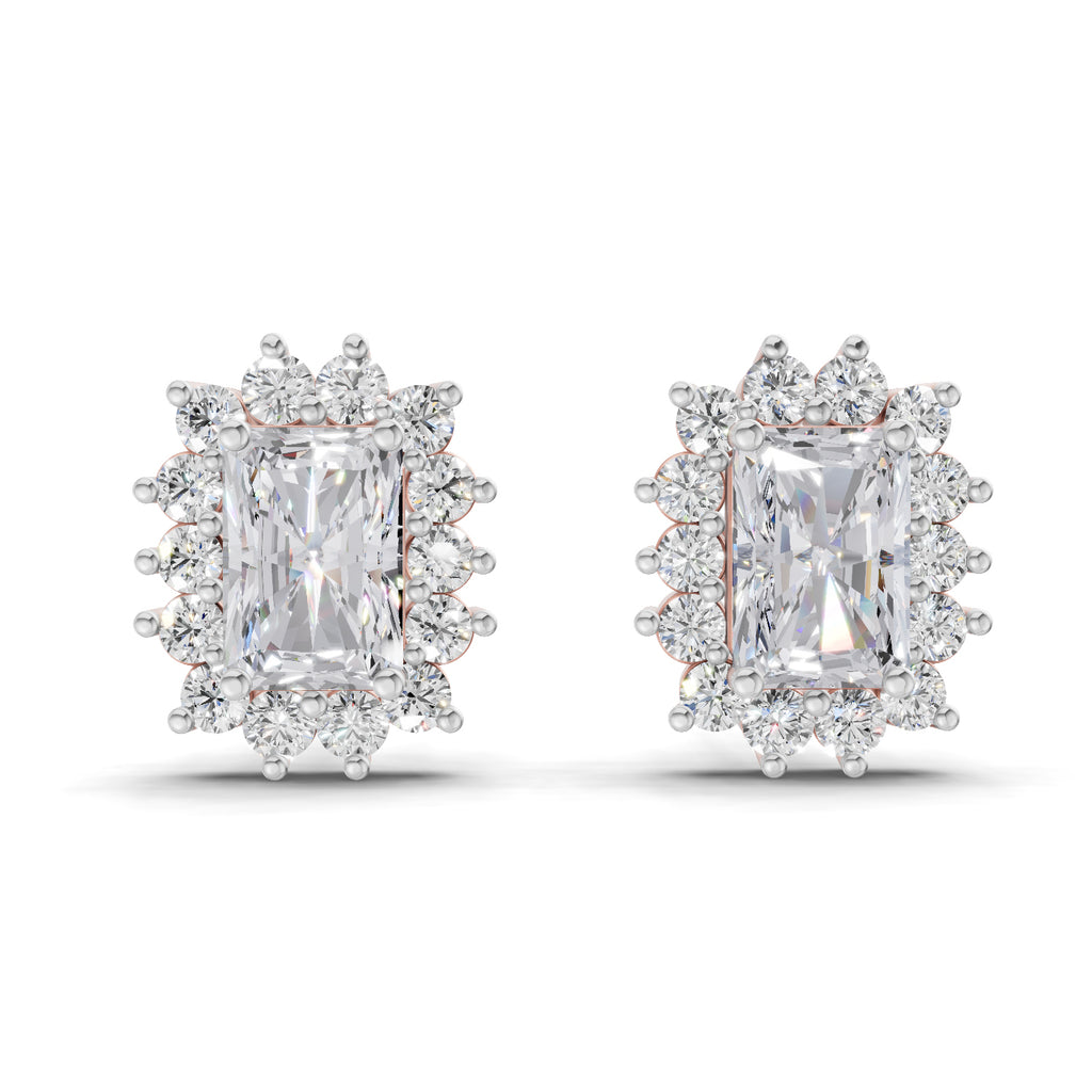 1.86 Carat Emerald Shape Halo Diamond Stud Earrings 14K - Rose Gold