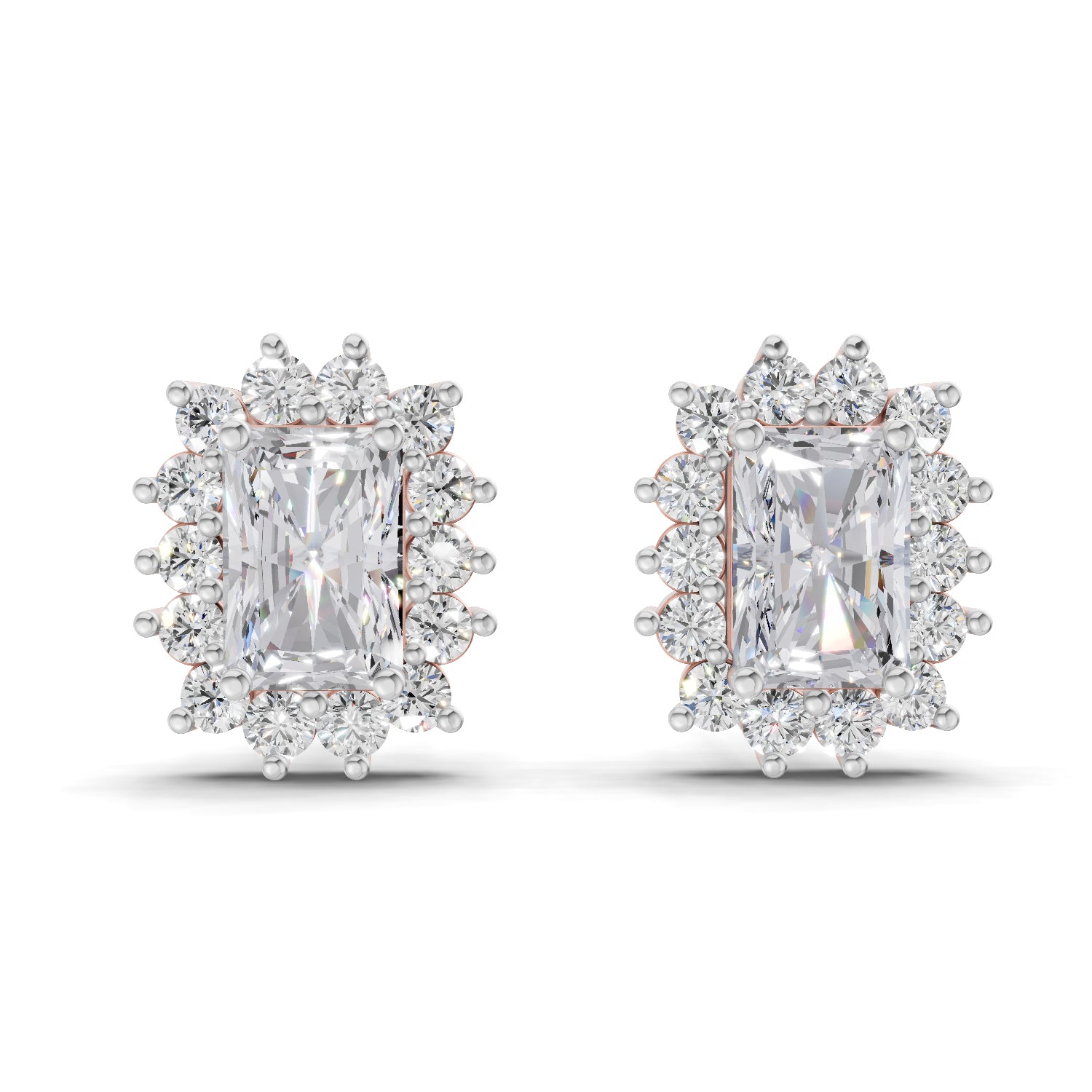 1.86 Carat Emerald Shape Halo Diamond Stud Earrings 14K - Rose Gold