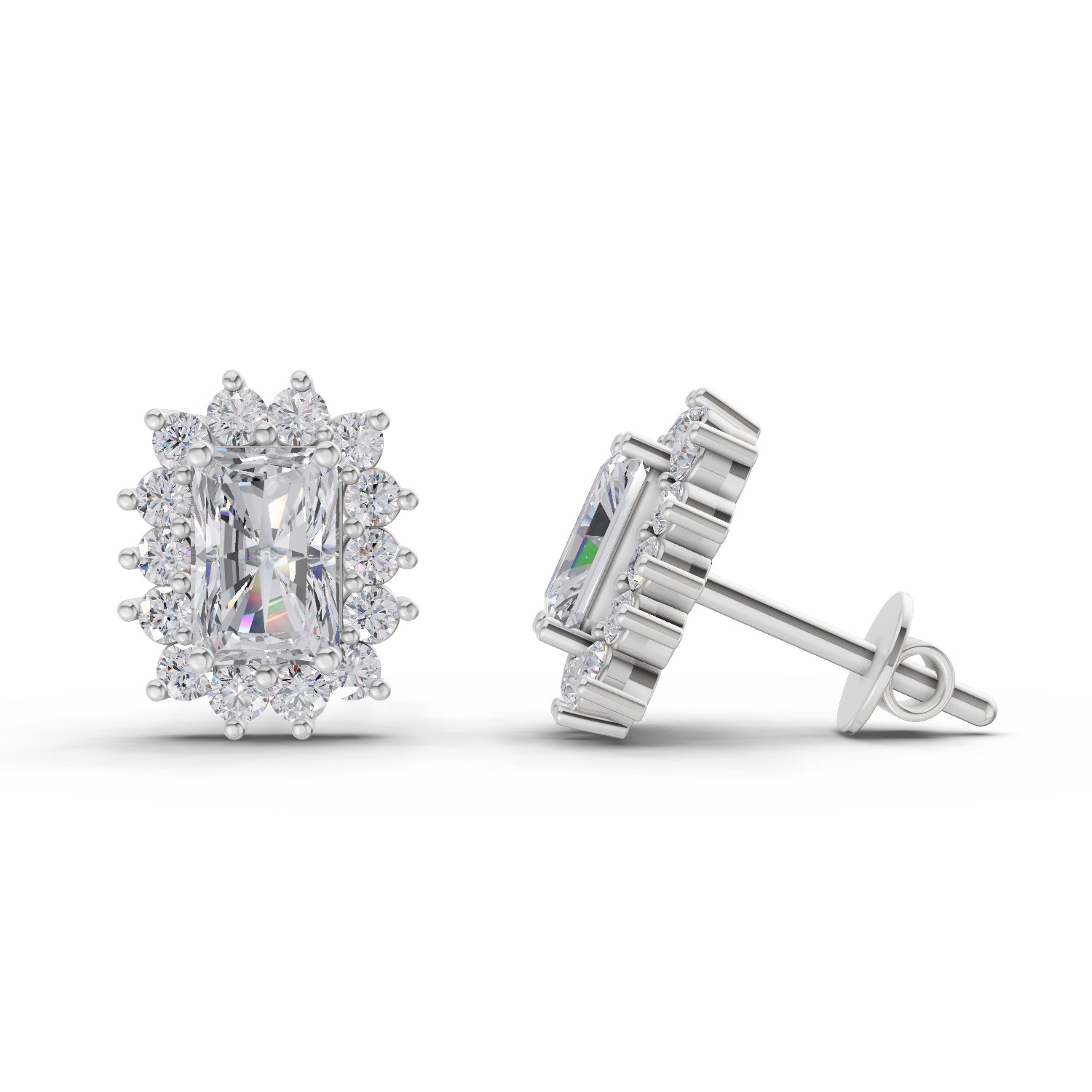 1.86 Carat Emerald Shape Halo Diamond Stud Earrings 14K - White Gold