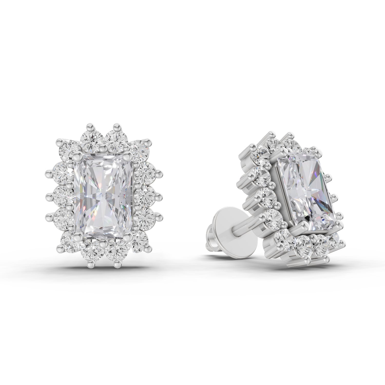 1.86 Carat Emerald Shape Halo Diamond Stud Earrings 14K - White Gold