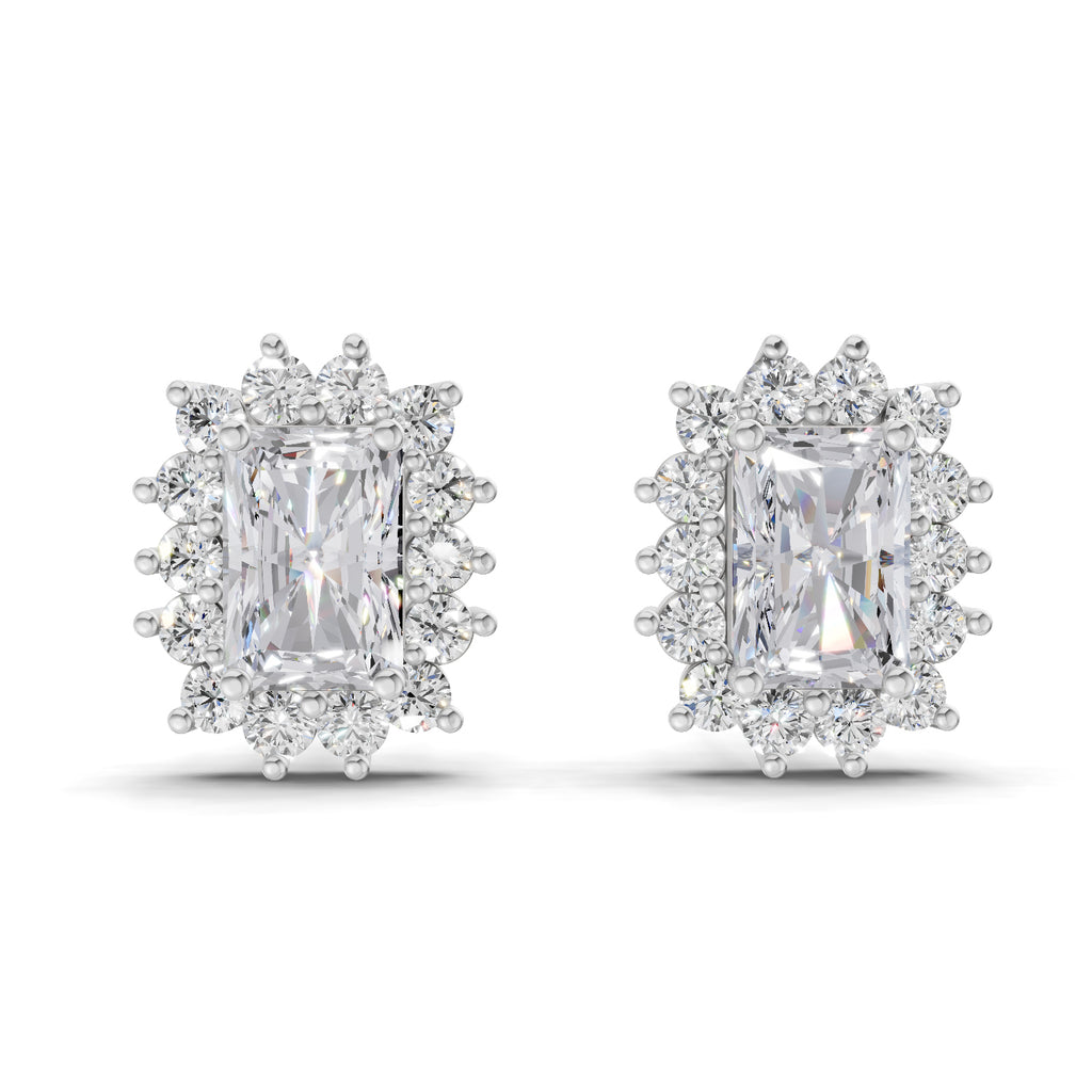 1.86 Carat Emerald Shape Halo Diamond Stud Earrings 14K - White Gold
