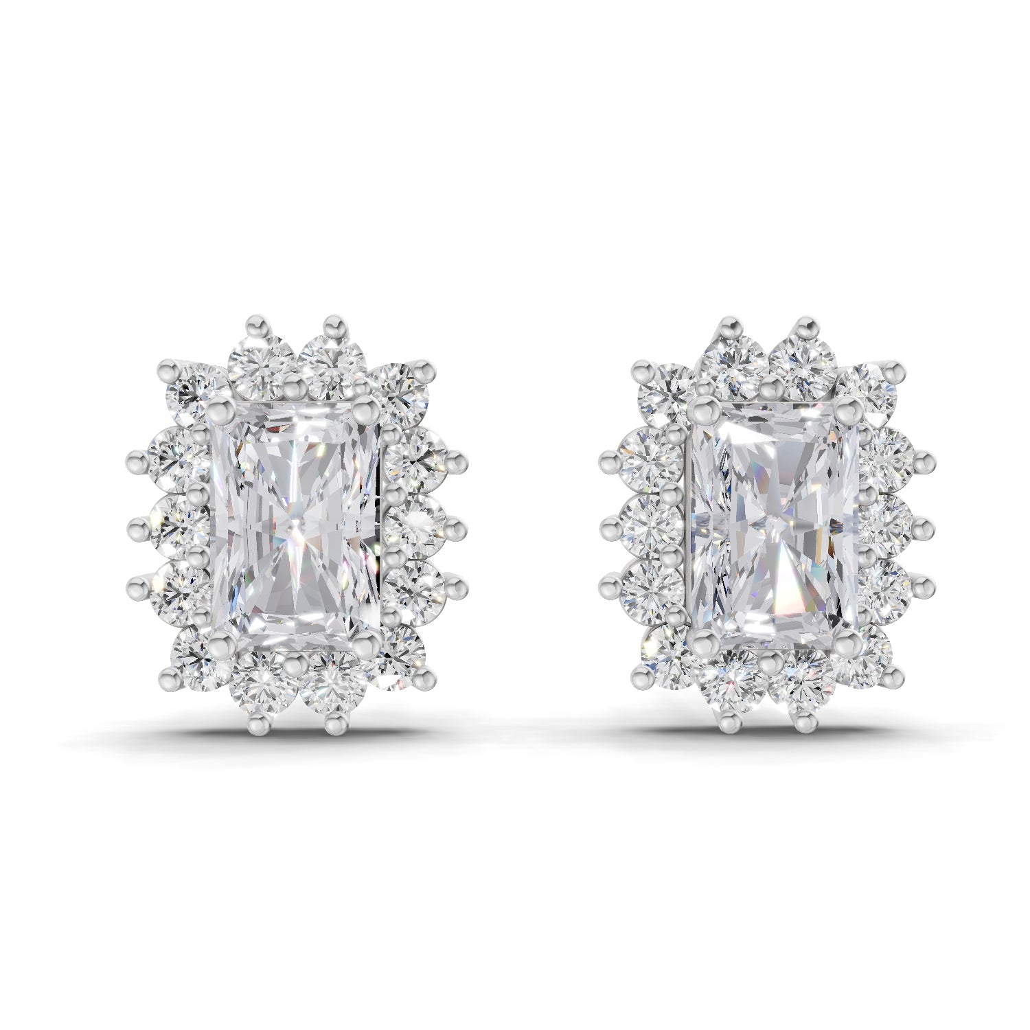 1.86 Carat Emerald Shape Halo Diamond Stud Earrings 14K - White Gold