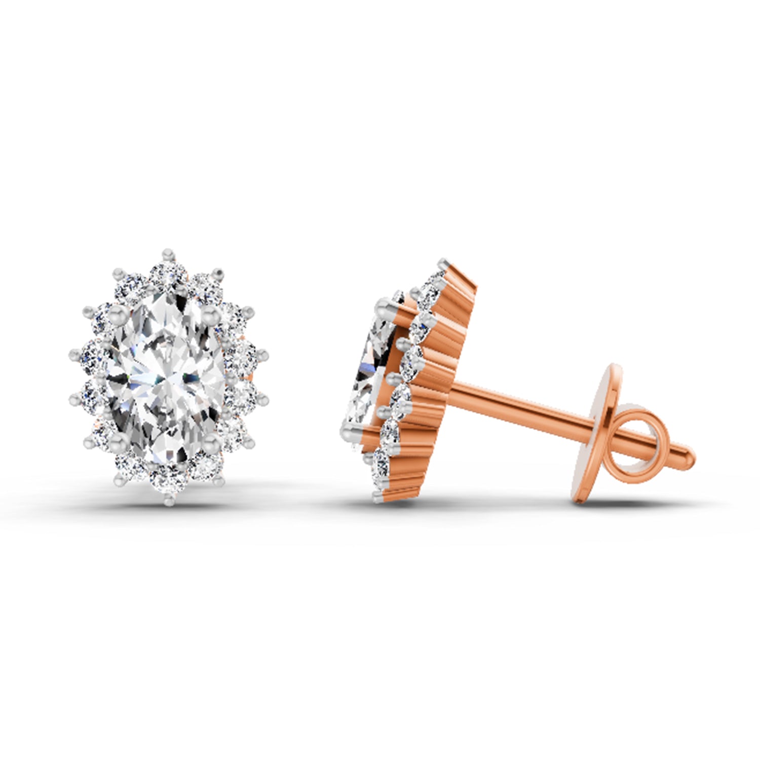 1.08 Carat Oval Shape Halo Diamond Stud Earrings 14K - Rose Gold
