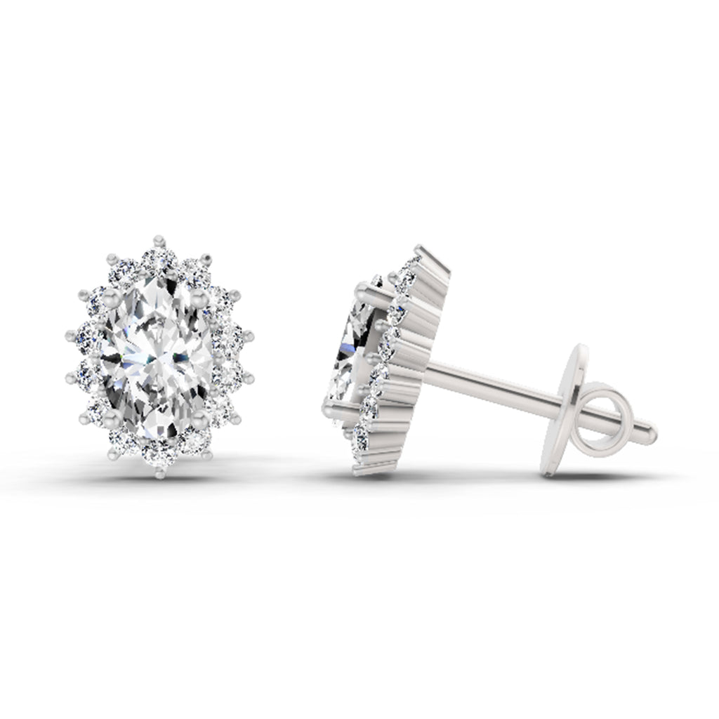 1.08 Carat Oval Shape Halo Diamond Stud Earrings 14K - White Gold