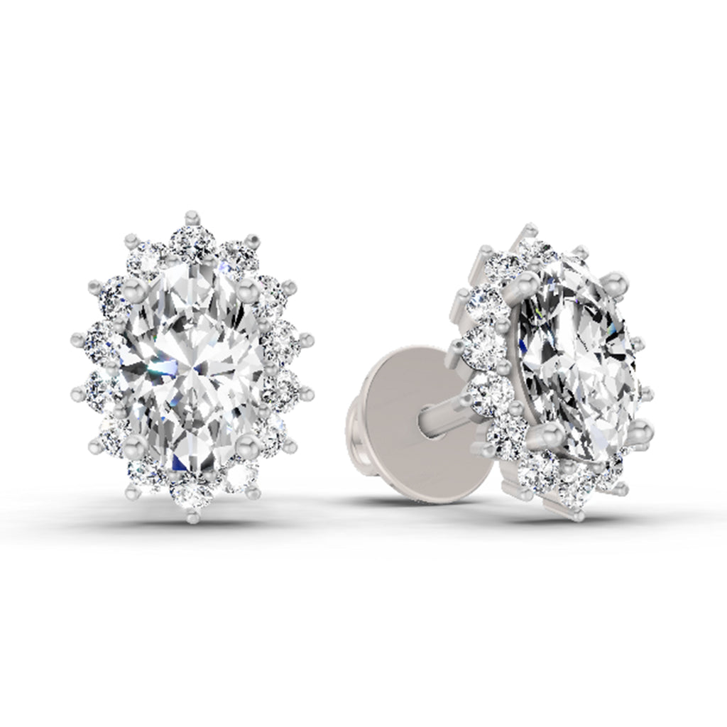1.08 Carat Oval Shape Halo Diamond Stud Earrings 14K - White Gold