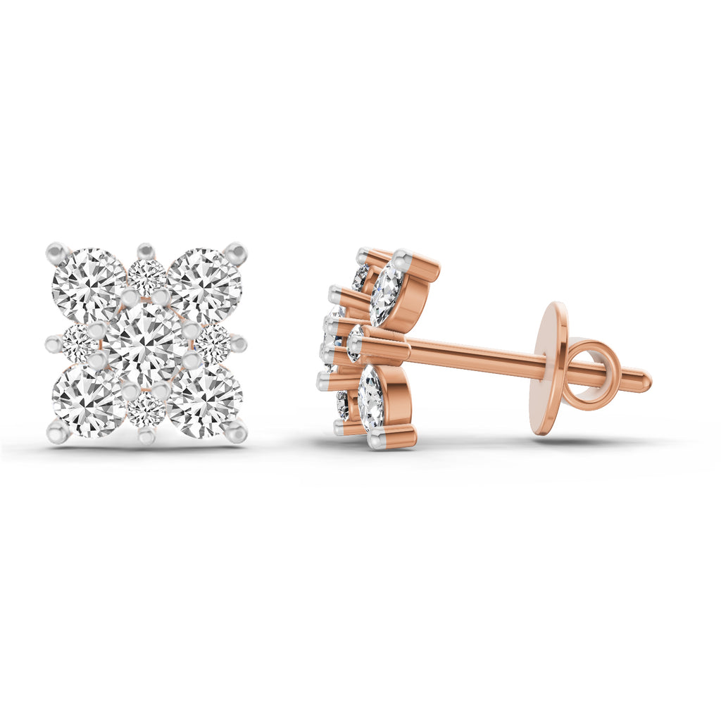 1.07 Carat Round Cluster Square Shape Earrings 14K - Rose Gold
